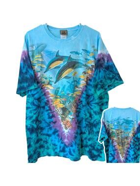 Vintage Liquid Blue Shirt XL Tie Dye 2000 Ocean Life Dolphin Fish Y2K 23.5x30.5